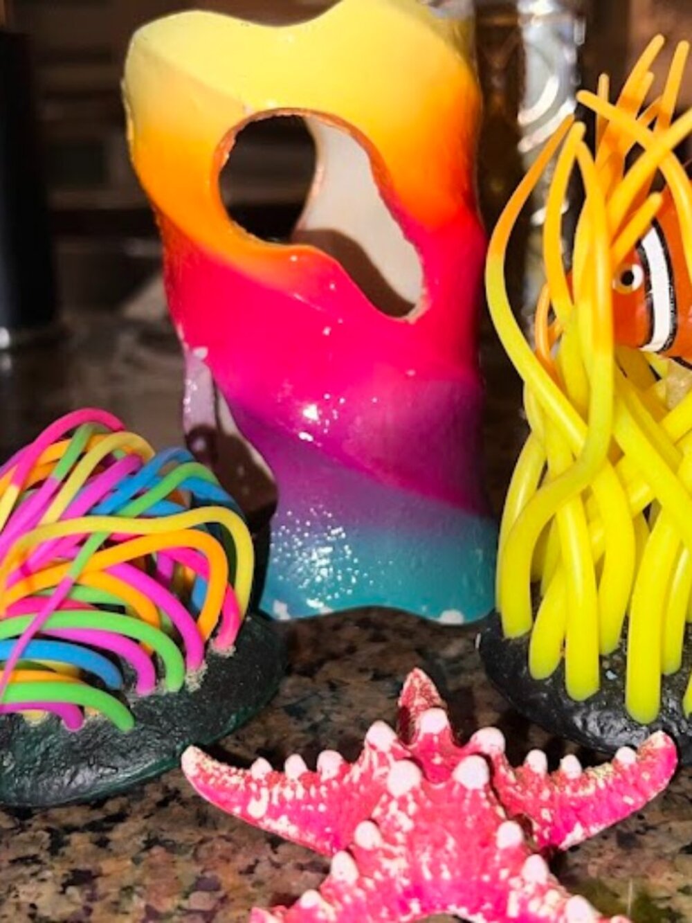 4 piece set, brightly colored fish tank decorations